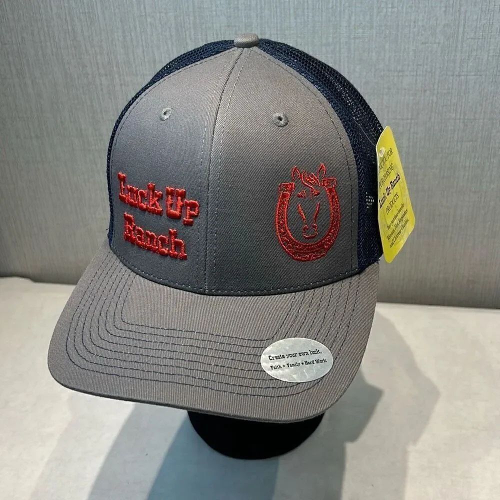 NEW Luck Up Ranch Trucker Hat Cap Gray Blue Mesh Snapback Horseshoe Horse Red Em
